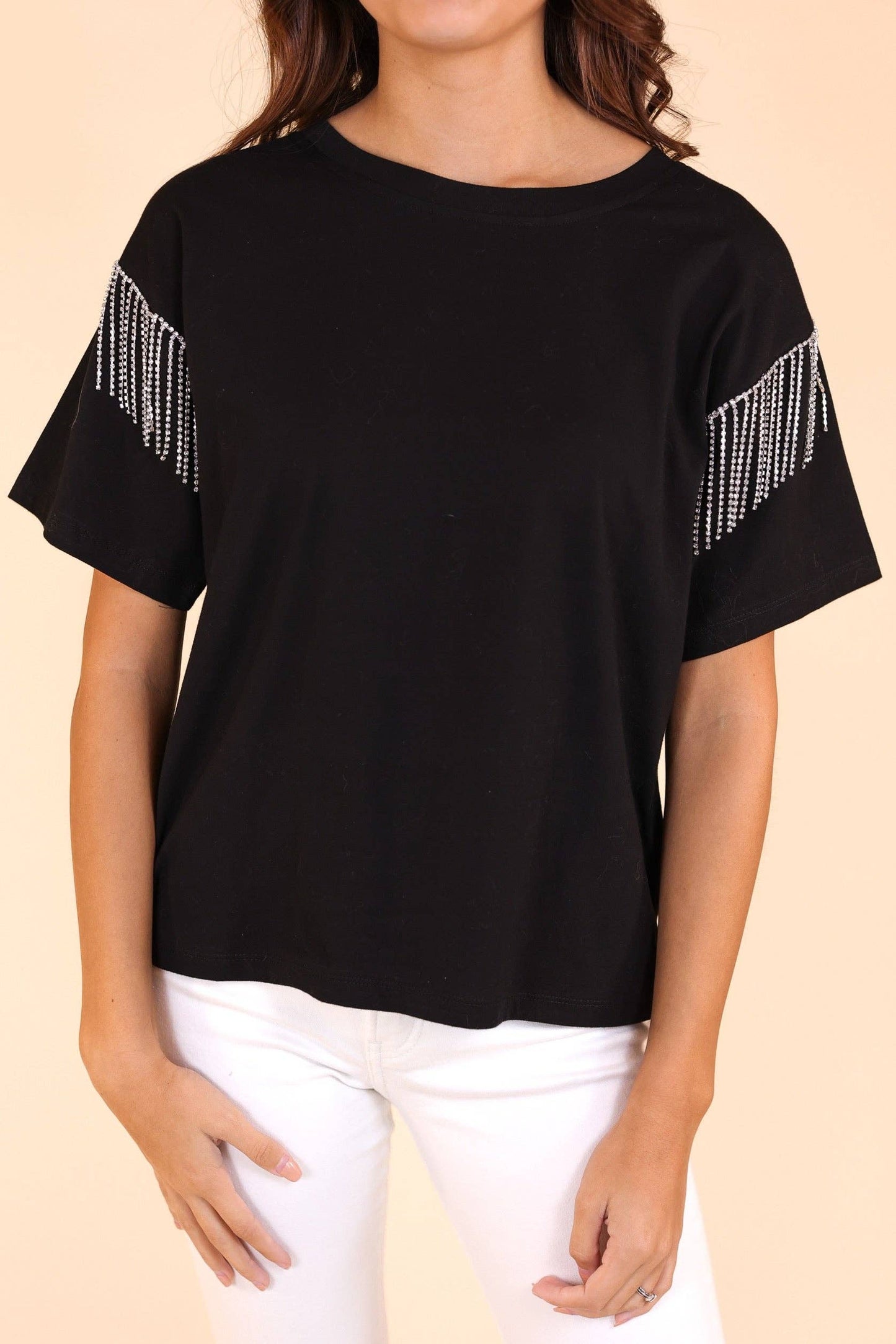 Glitzy Gal Black Tee With Rhinestone Fringe: Black