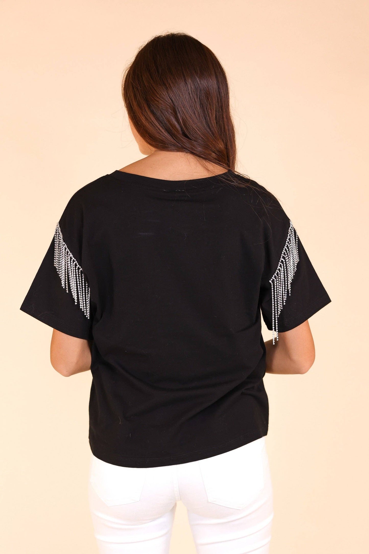 Glitzy Gal Black Tee With Rhinestone Fringe: Black