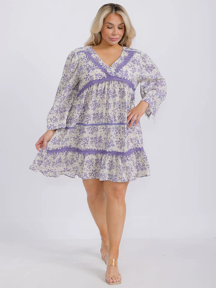 3/4 Sleeves Tiered Surplice Trim Floral Tunic Mini Dress