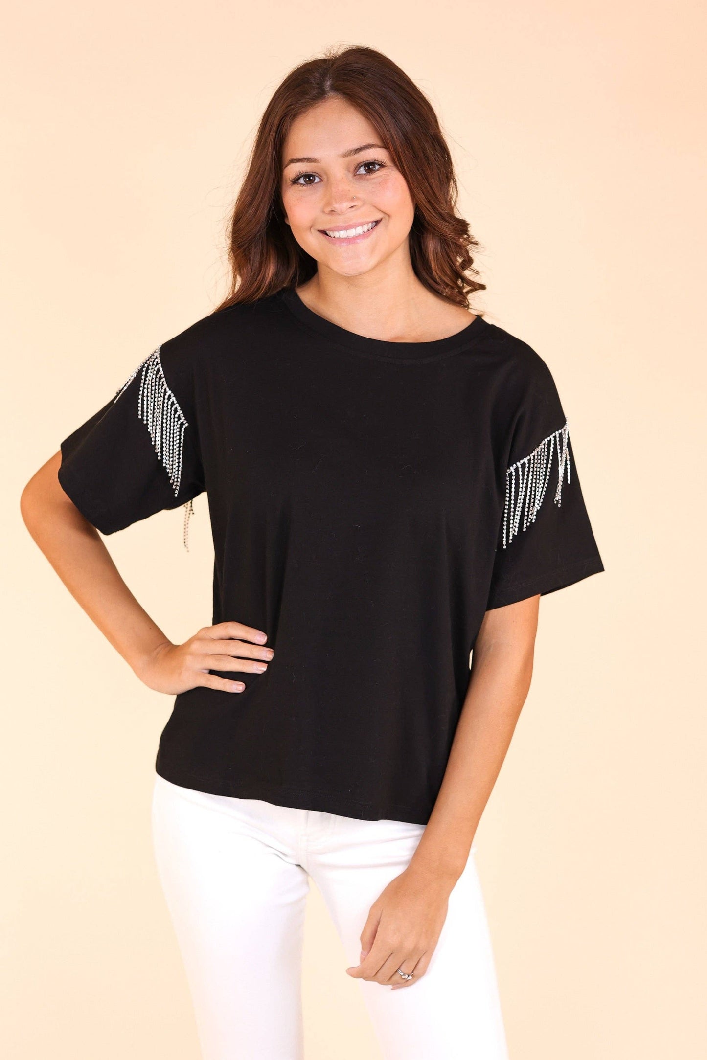 Glitzy Gal Black Tee With Rhinestone Fringe: Black