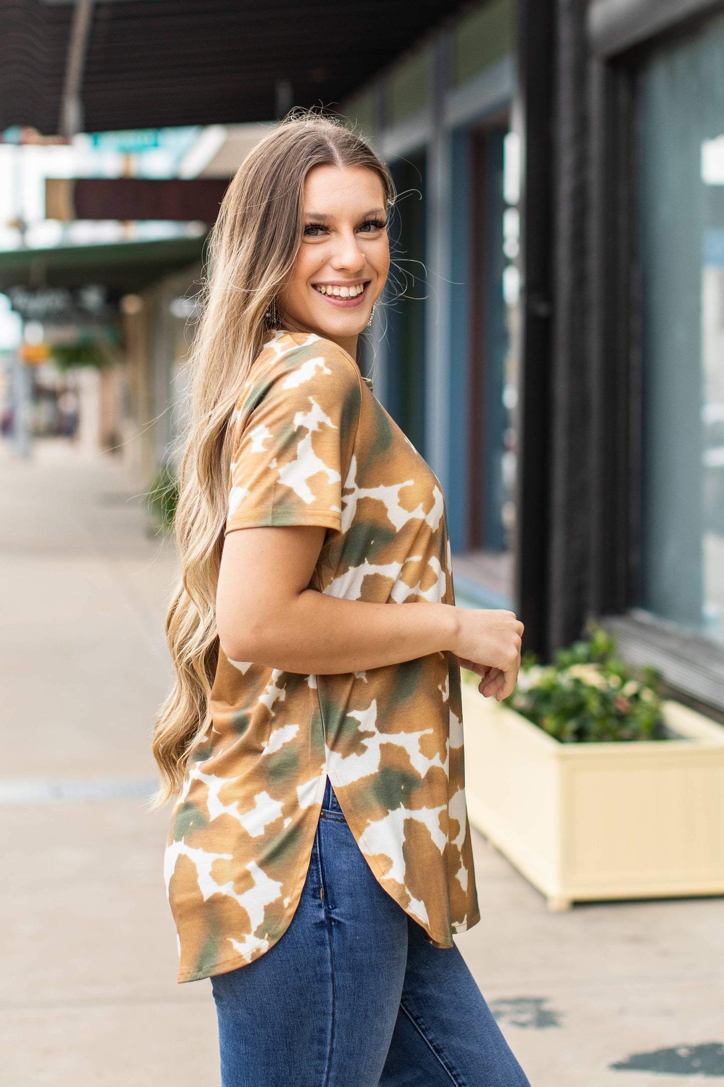 Cowhide Crewneck Top W Curved Side