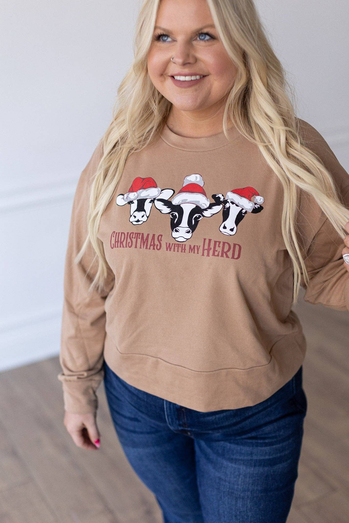 "Christmas With My Herd" Tan Cropped Sweatshirt
