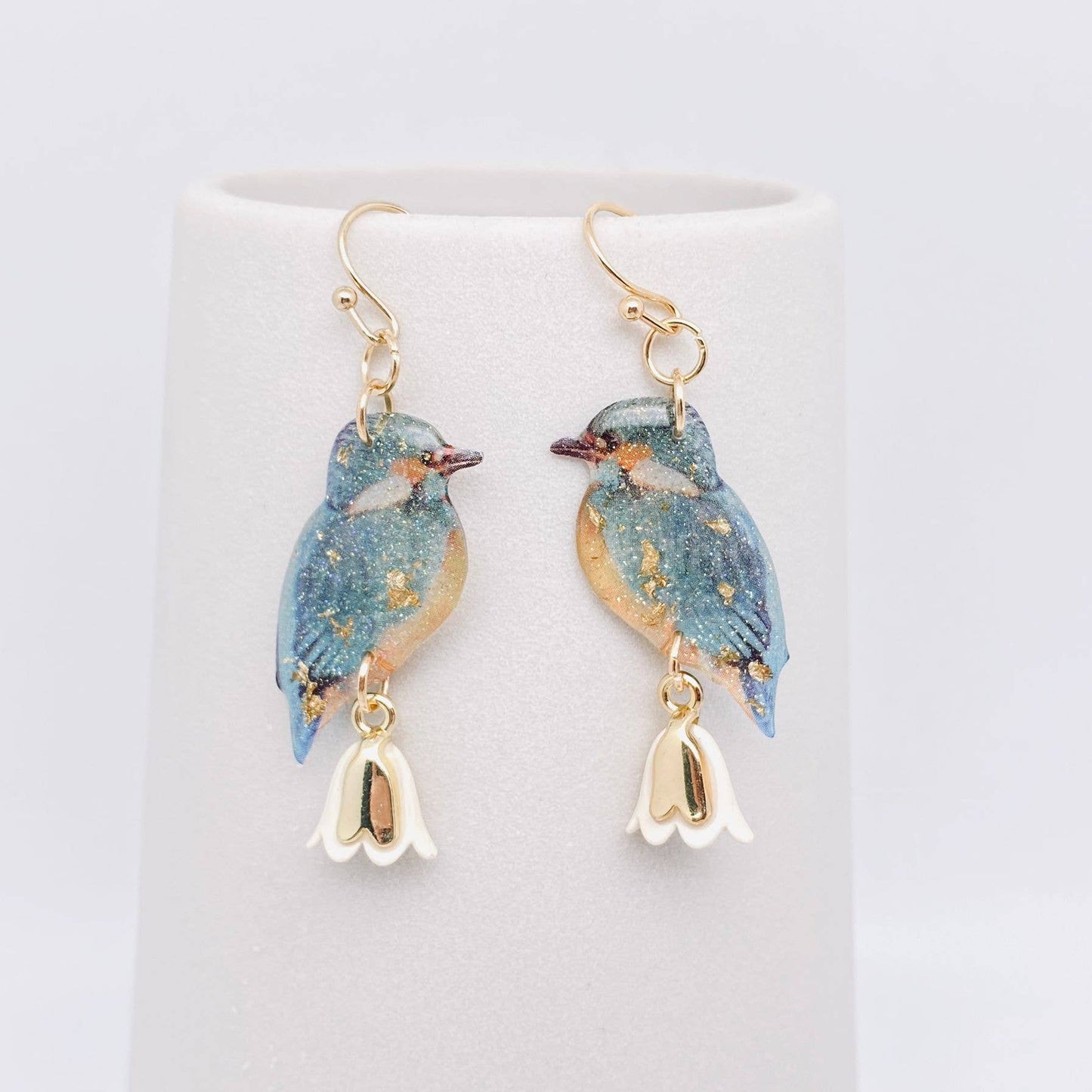 Resin Bird Charm Dangle Earrings - White