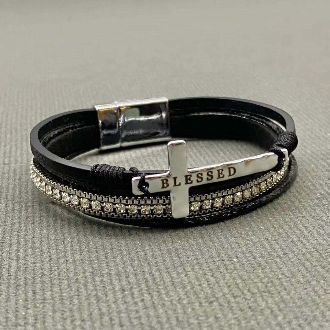 “Blessed” Multi-Layer Cross & Rhinestones Faux Leather Bracelet - Silver, Gold, Black, Pink, and Light Blue