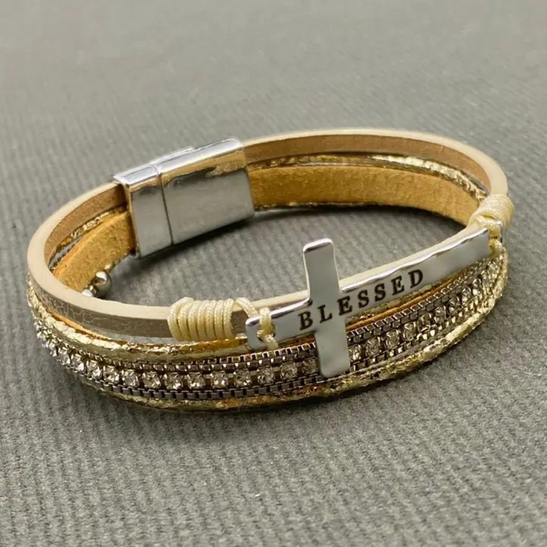 “Blessed” Multi-Layer Cross & Rhinestones Faux Leather Bracelet - Silver, Gold, Black, Pink, and Light Blue