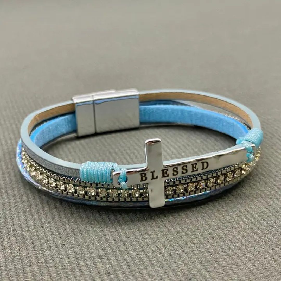 “Blessed” Multi-Layer Cross & Rhinestones Faux Leather Bracelet - Silver, Gold, Black, Pink, and Light Blue