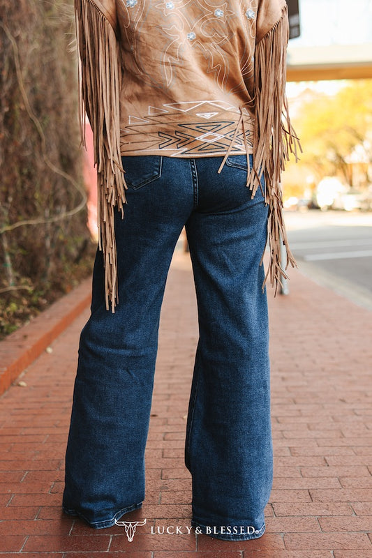 Lucky & Blessed Dark Wash High Rise Front Pocket Detail Wide Leg Jeans