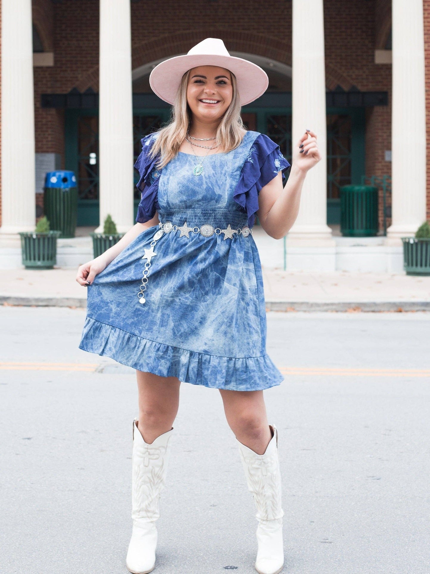 Flirty Floral Tie Back Denim Dress: Blue