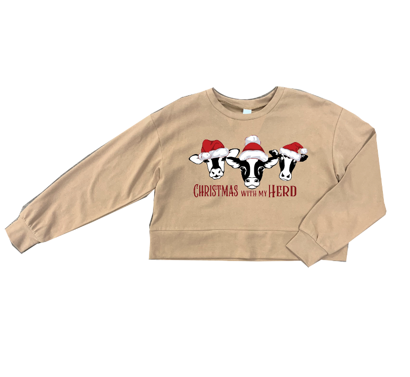 "Christmas With My Herd" Tan Cropped Sweatshirt