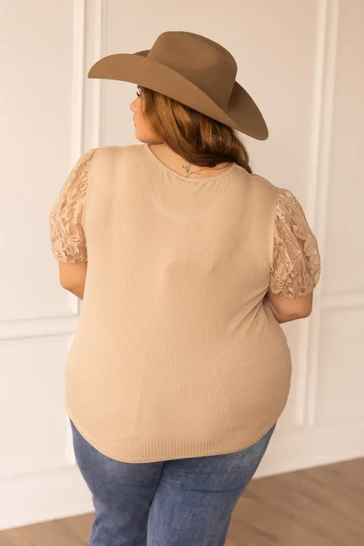 Ribbed Tee with Lace Puff Sleeve: Tan