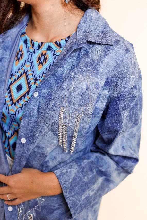 Sparkles and Spurs Denim Button Down with Rhinestone Fringe