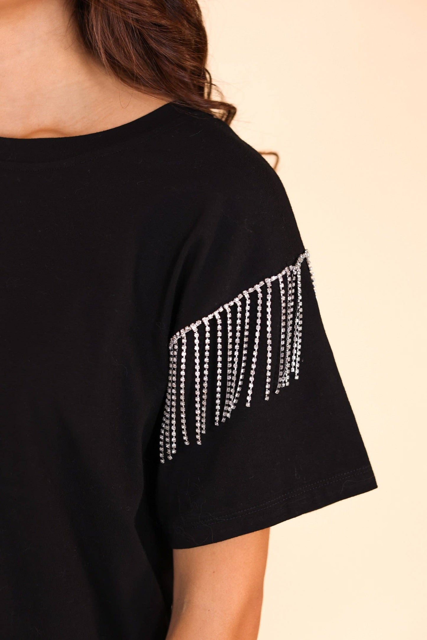 Glitzy Gal Black Tee With Rhinestone Fringe: Black