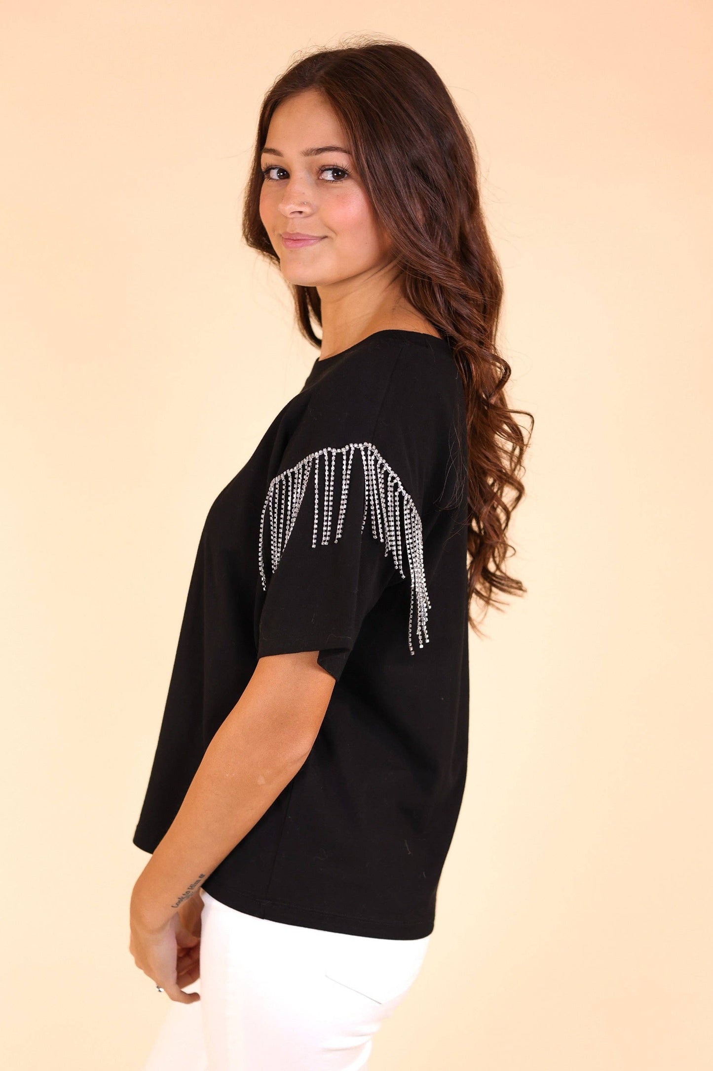 Glitzy Gal Black Tee With Rhinestone Fringe: Black
