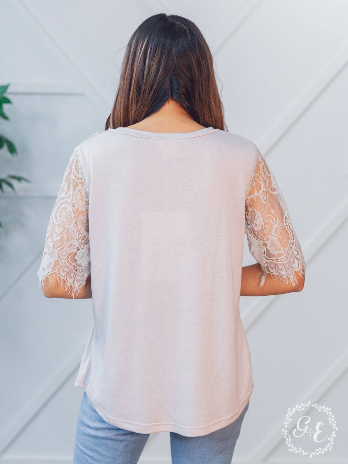 Montana Moon V-Neck Lace Short Sleeve Top - Grey