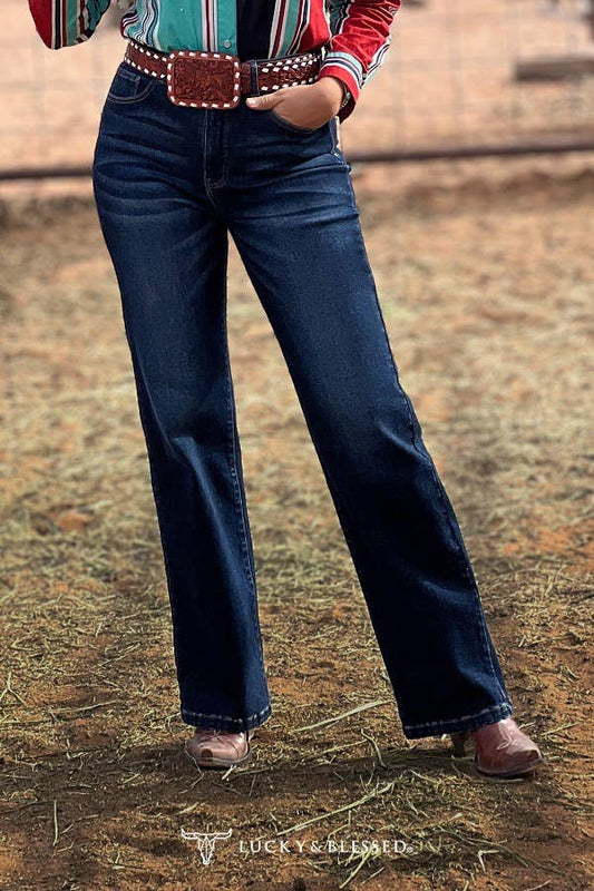 Lucky & Blessed Dark Wash Mid Rise Tummy Control Trouser Jeans