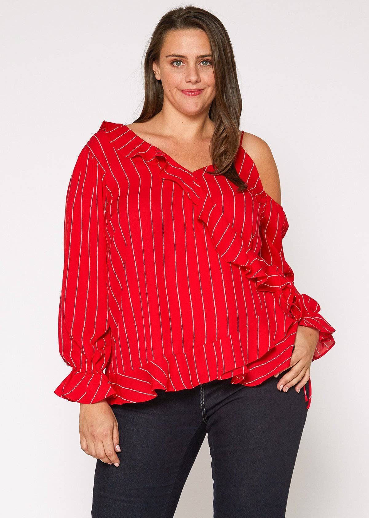 Asymmetrical Shoulder Ruffle Blouse