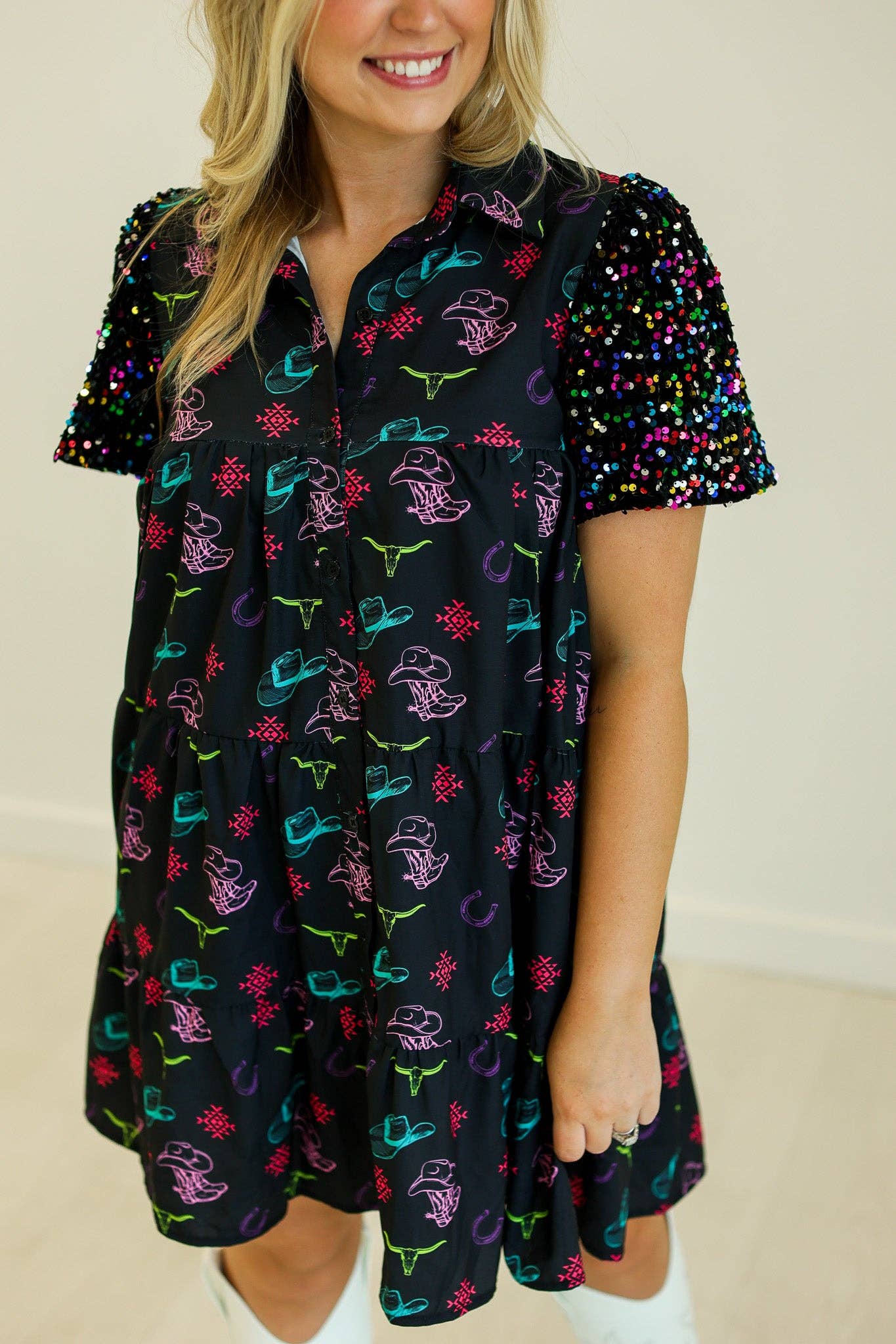 Western Print Shirt Dress: Black