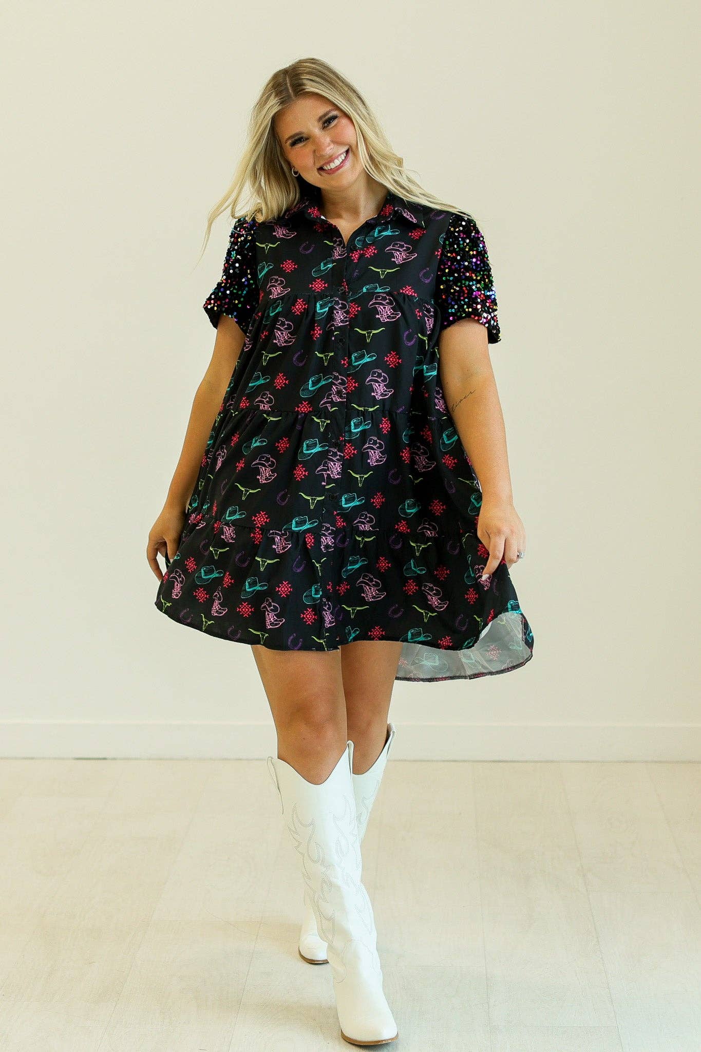 Western Print Shirt Dress: Black
