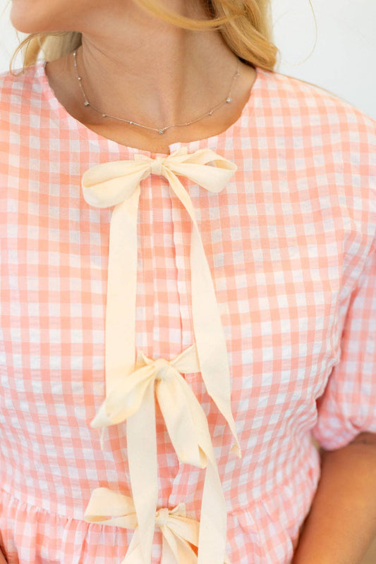 Gingham Blouse with Bows - Pink