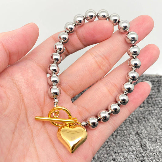 Heart Charm Steel Color Beaded Bracelet