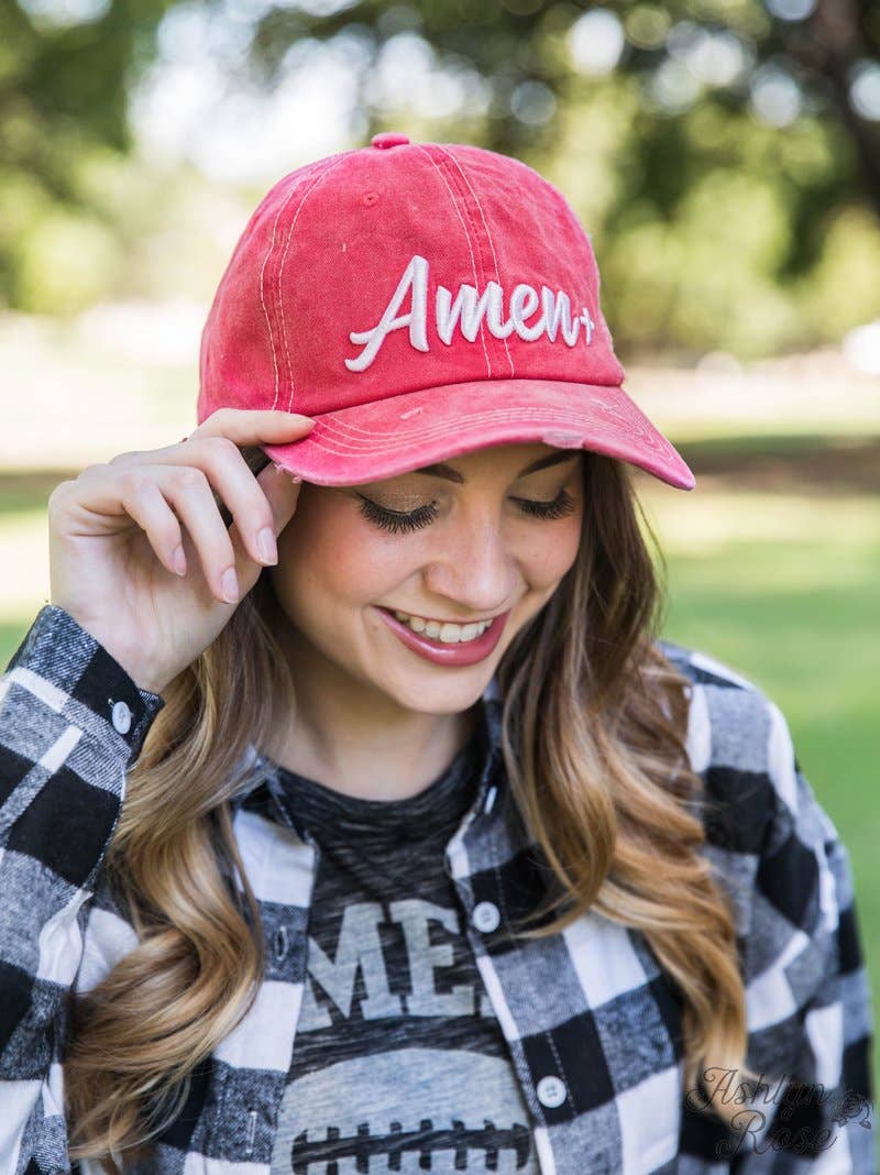 White Amen Embroidery on Red Ball Cap