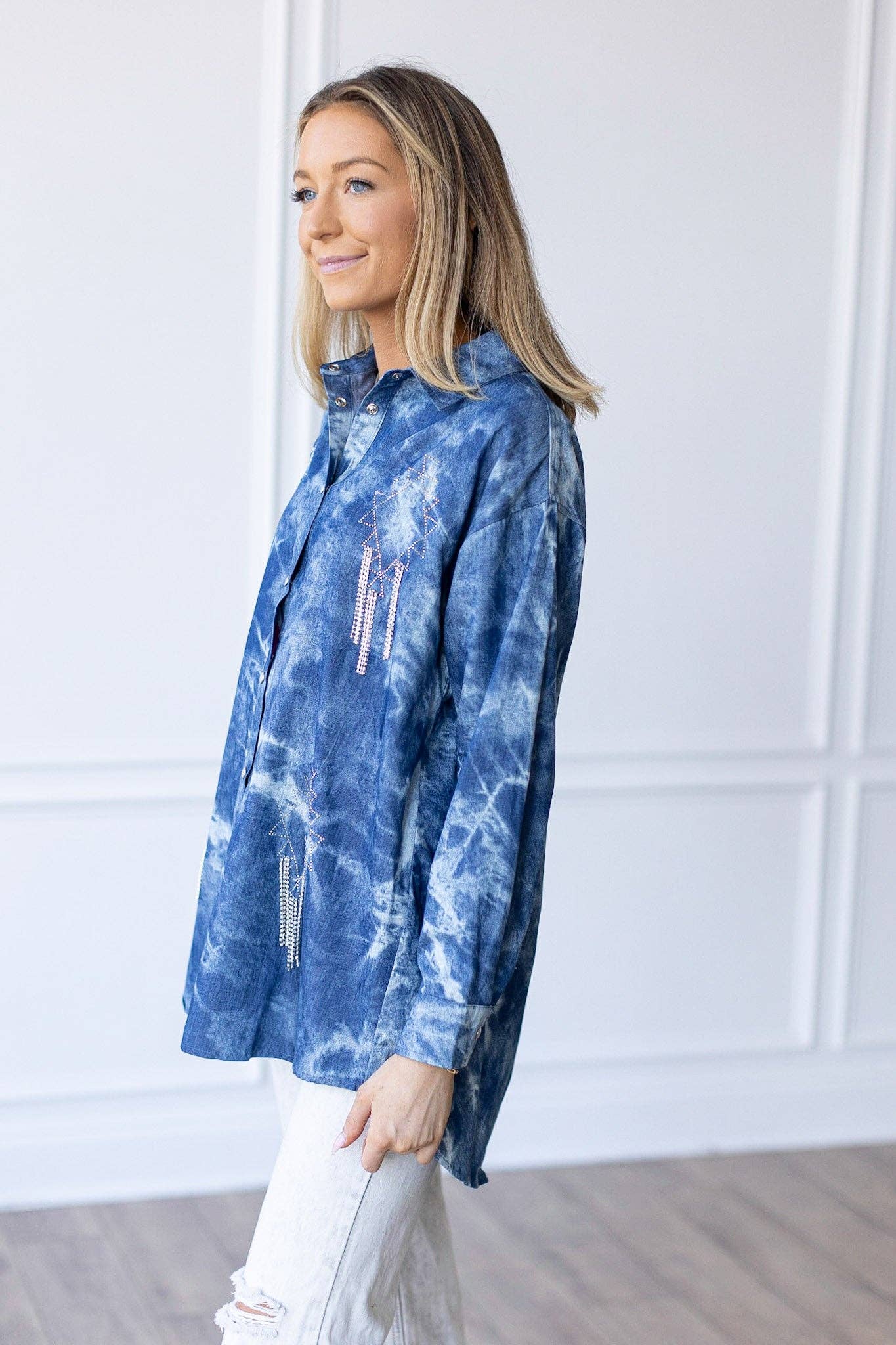 Sparkles and Spurs Denim Button Down with Rhinestone Fringe