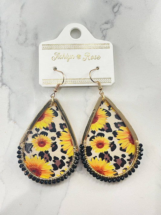 Sunflower Leopard Teardrop Gold Earrings