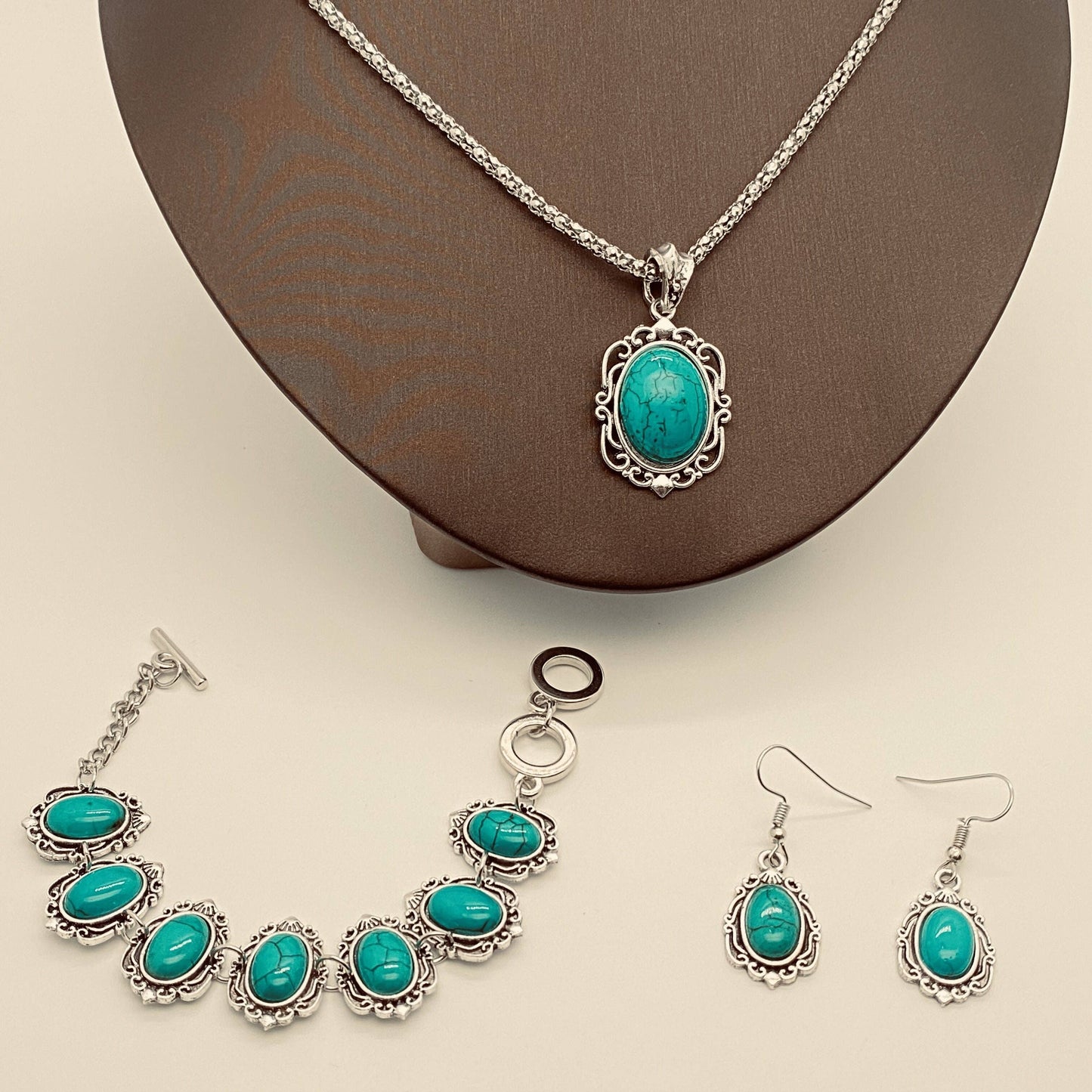 Artificial Turquoise Bracelet Necklace Earring Set