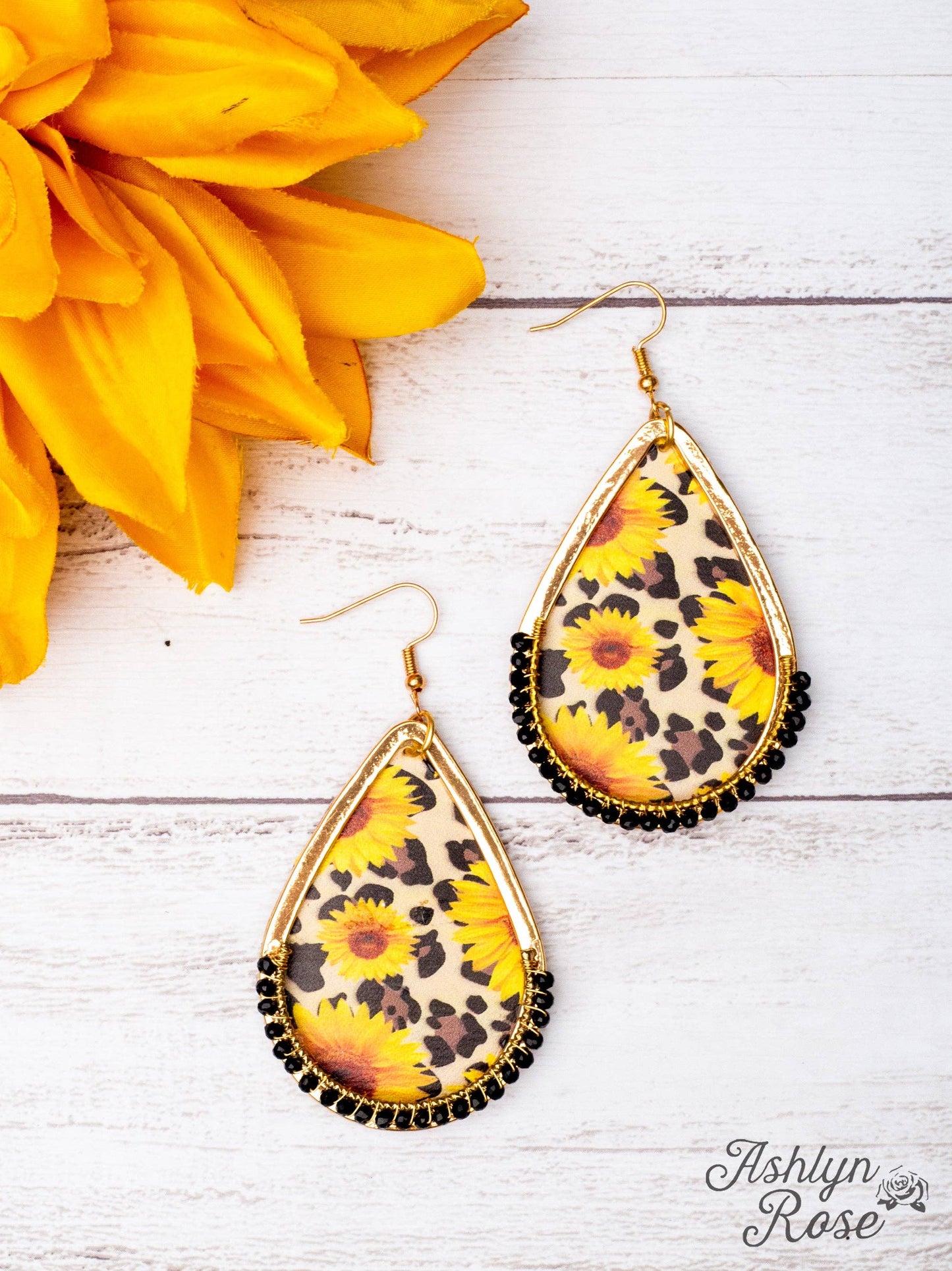 Sunflower Leopard Teardrop Gold Earrings