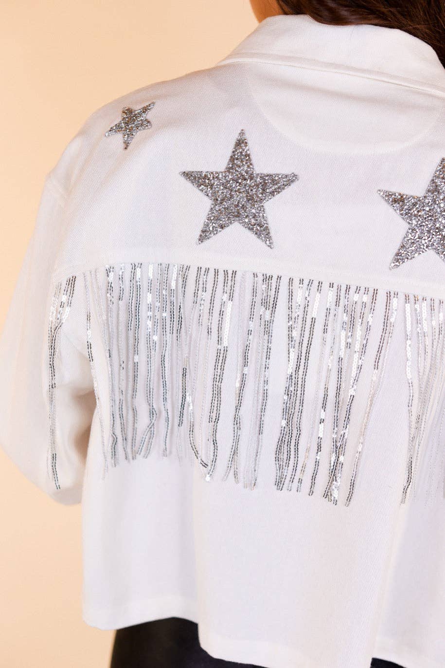 Its Written In The Stars Embellished Denim Jacket: White