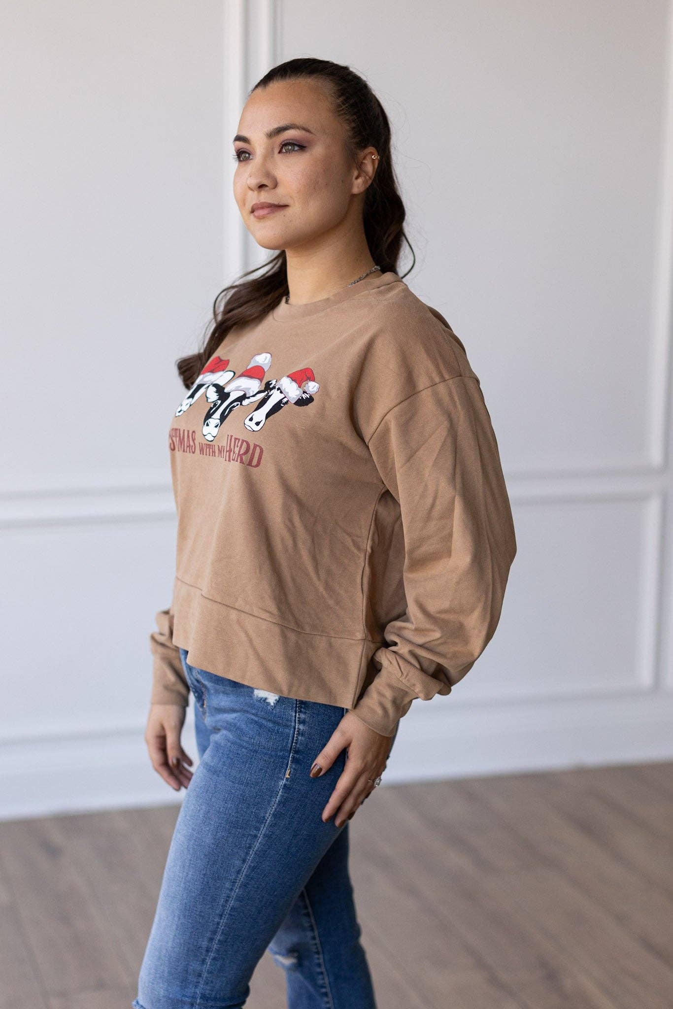 "Christmas With My Herd" Tan Cropped Sweatshirt