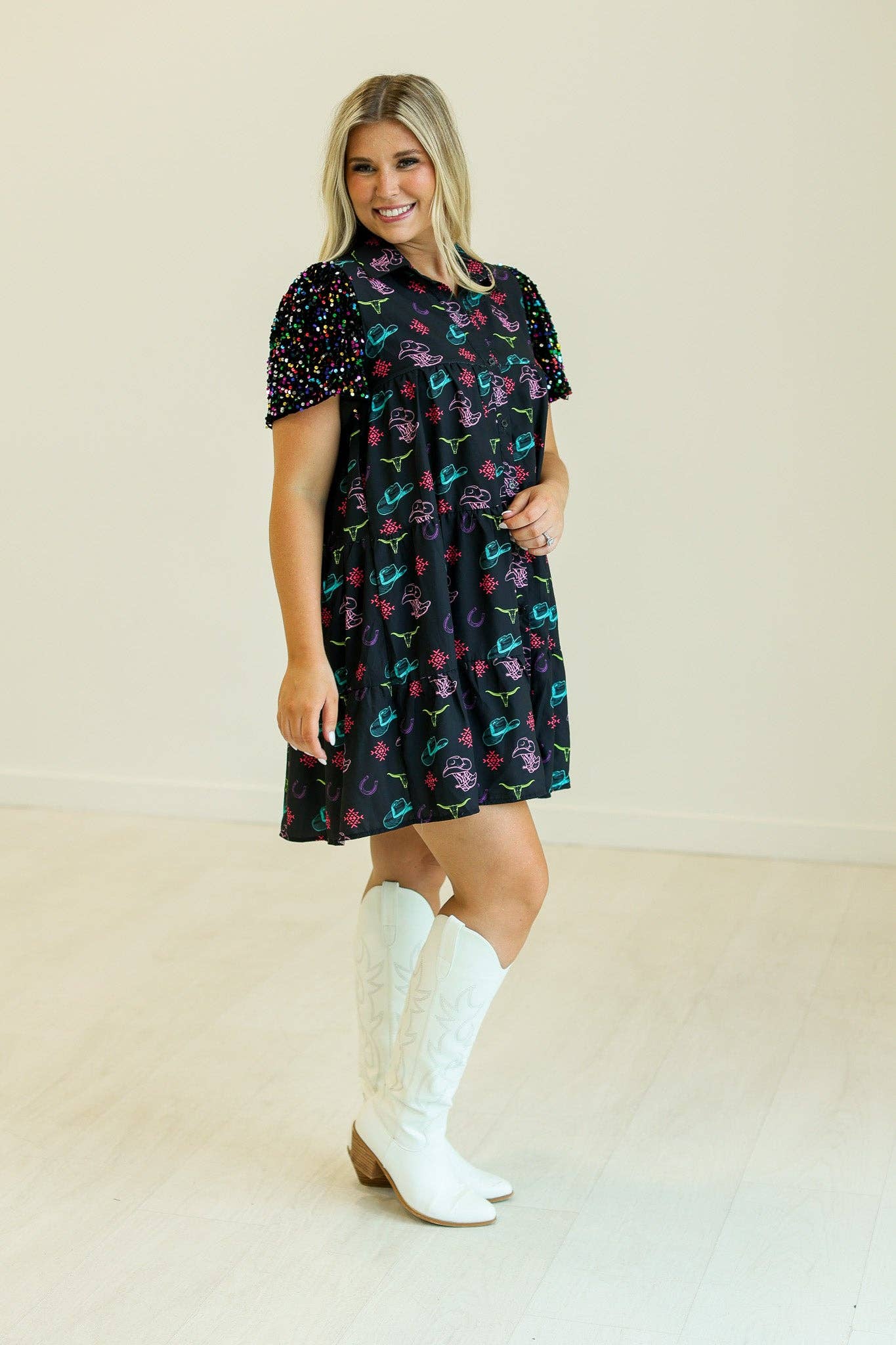 Western Print Shirt Dress: Black
