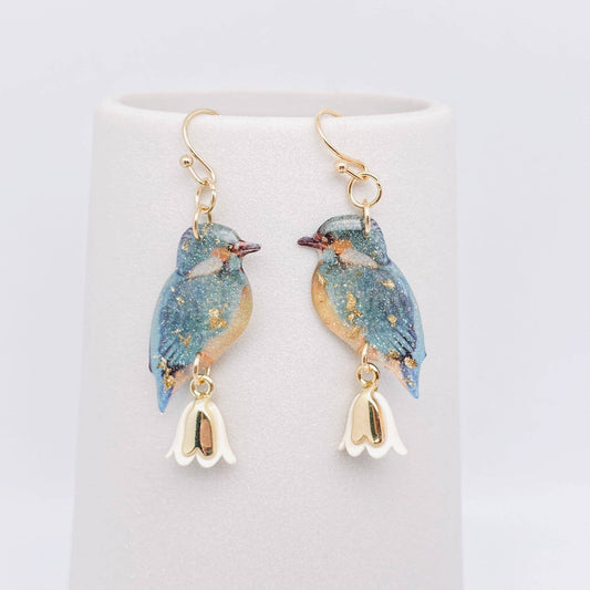 Resin Bird Charm Dangle Earrings - White