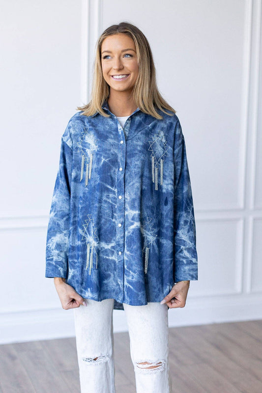 Sparkles and Spurs Denim Button Down with Rhinestone Fringe