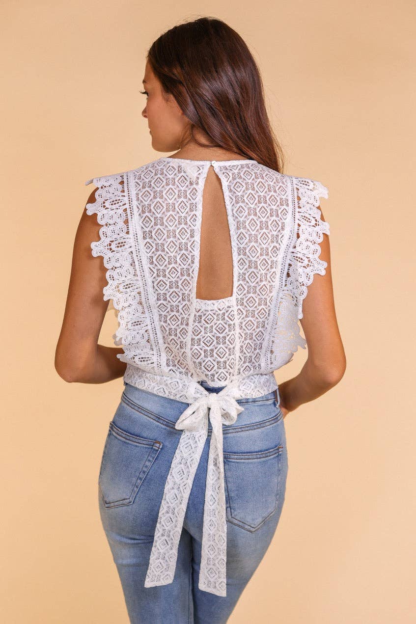 Crochet Lace Crop With Tie Back - White