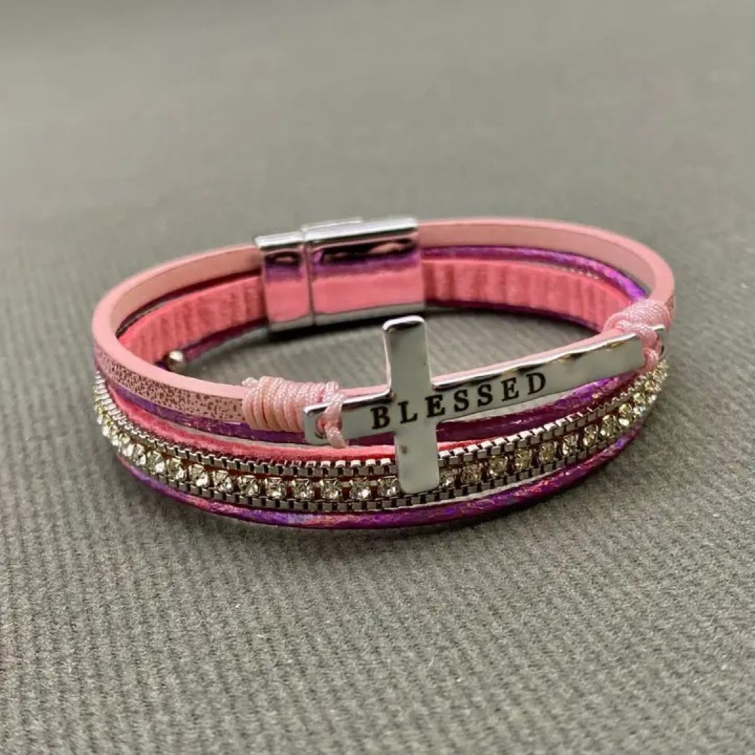 “Blessed” Multi-Layer Cross & Rhinestones Faux Leather Bracelet - Silver, Gold, Black, Pink, and Light Blue