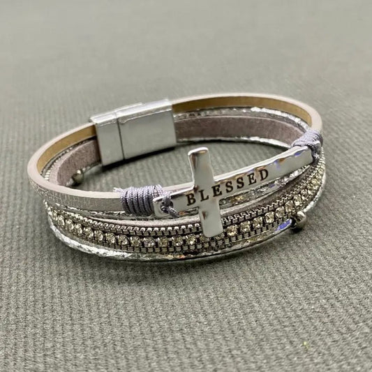 “Blessed” Multi-Layer Cross & Rhinestones Faux Leather Bracelet - Silver, Gold, Black, Pink, and Light Blue