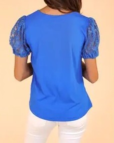 Blue Ribbed Tee with Lace Puff Sleeve