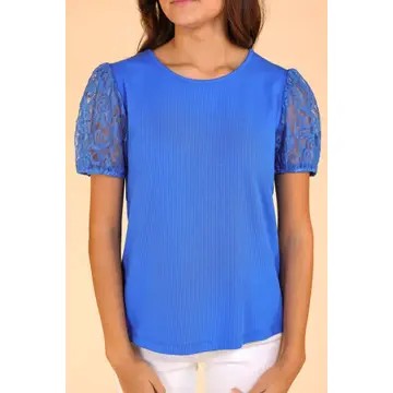 Blue Ribbed Tee with Lace Puff Sleeve