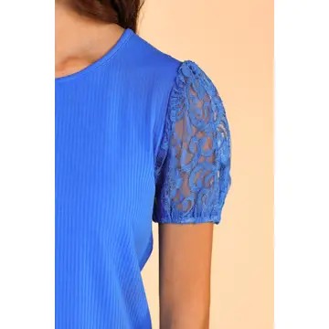 Blue Ribbed Tee with Lace Puff Sleeve