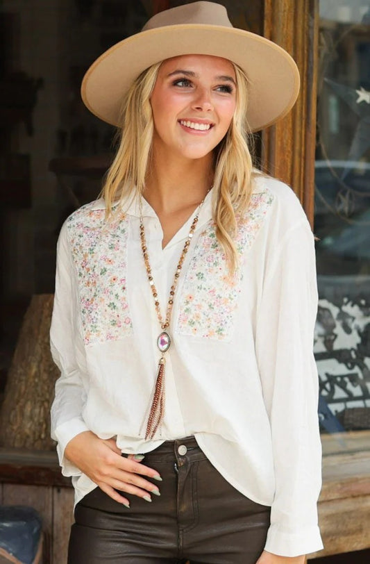 Button-Up Shirt with Embroidered Yoke - White