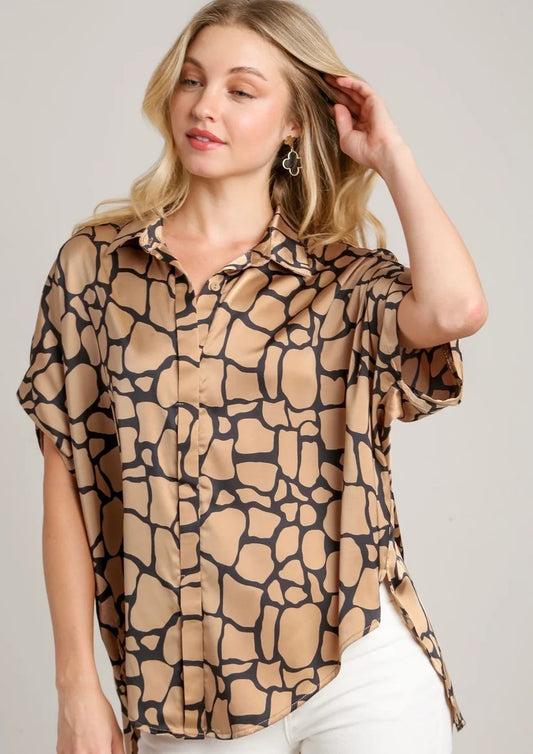 Collared Button-Down Blouse Taupe and Black