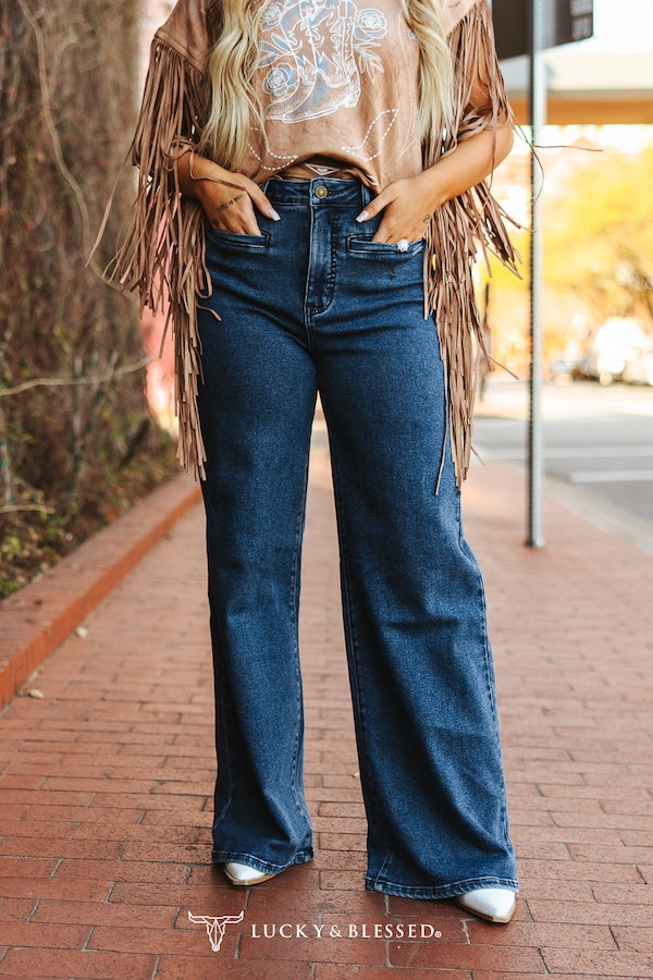 Lucky & Blessed Dark Wash High Rise Front Pocket Detail Wide Leg Jeans