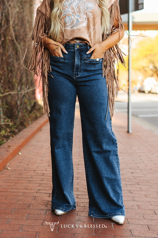 Lucky & Blessed Dark Wash High Rise Front Pocket Detail Wide Leg Jeans