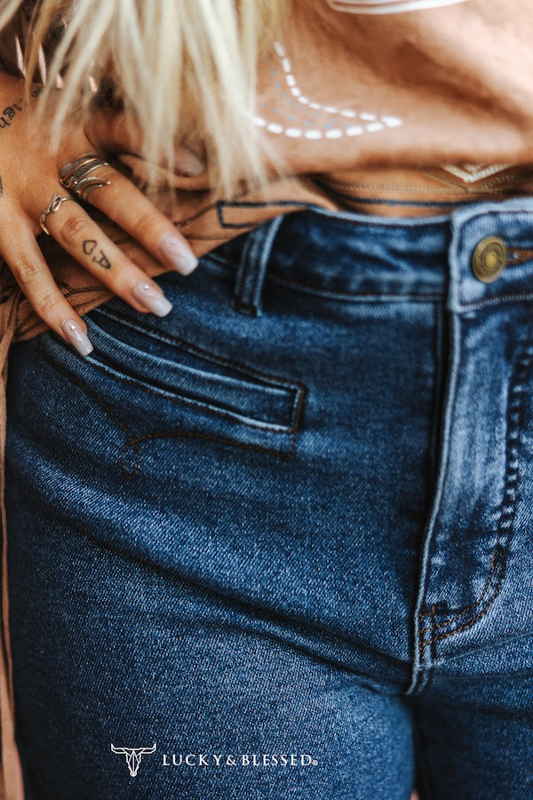 Lucky & Blessed Dark Wash High Rise Front Pocket Detail Wide Leg Jeans