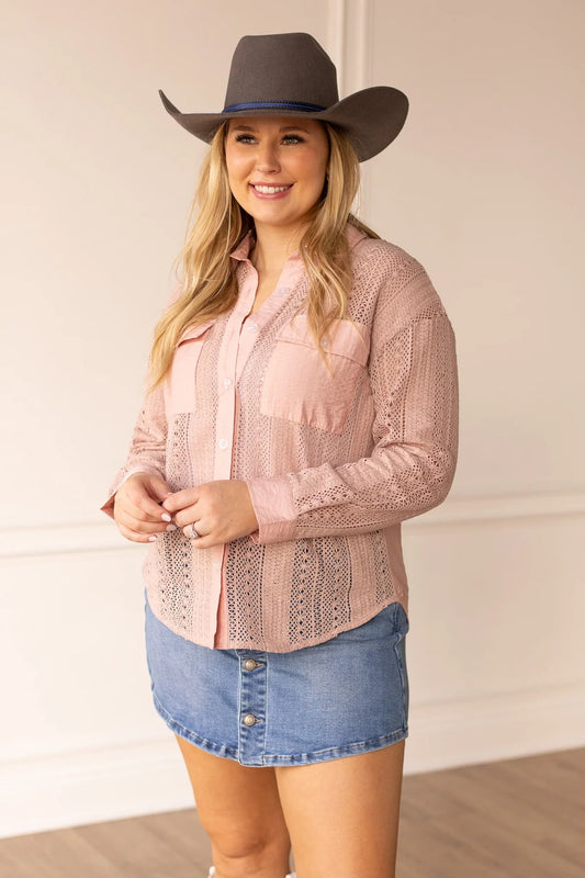 Lace Button Up Shirt - Pink