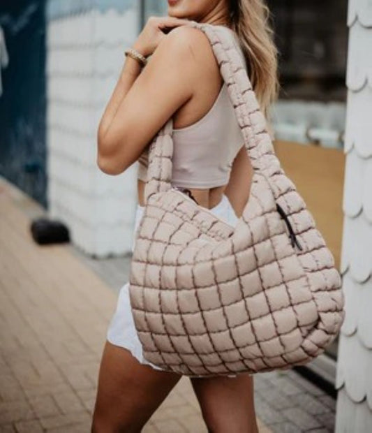 Katydid Oversized Quilted Hobo Tote Bag:  Tan