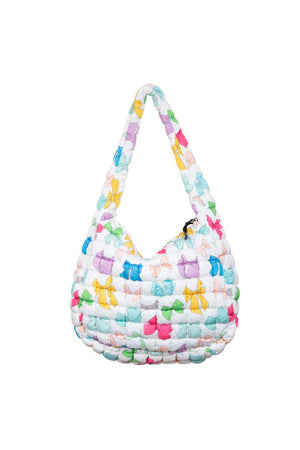 Katydid Puffer Tote Bag:  White with multi-colored bows