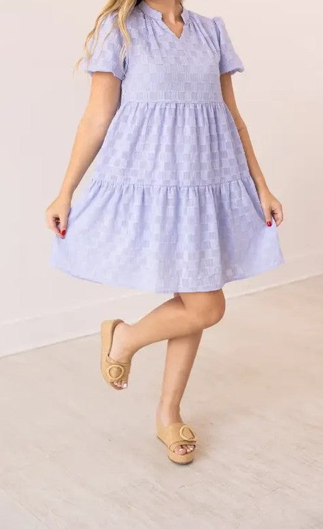 V-Neck Checkered Dress - Light Purple