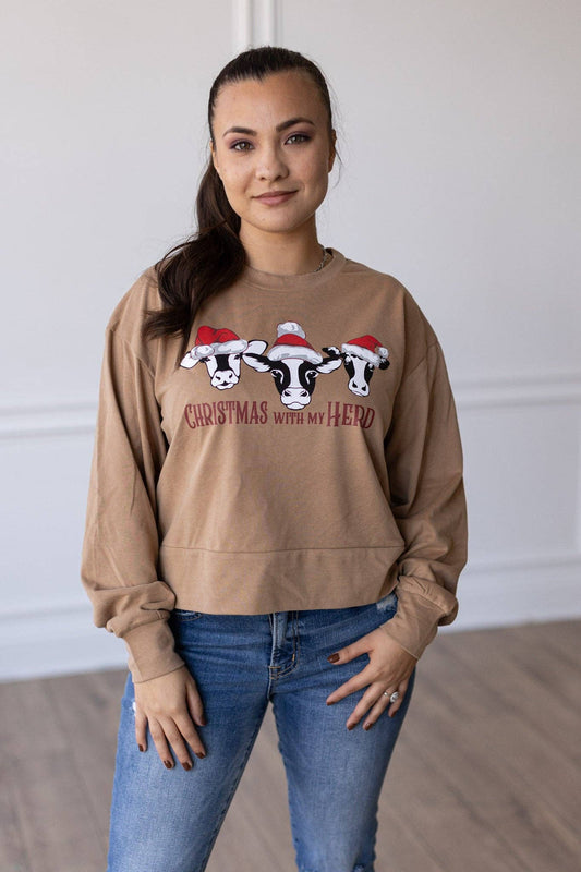 "Christmas With My Herd" Tan Cropped Sweatshirt